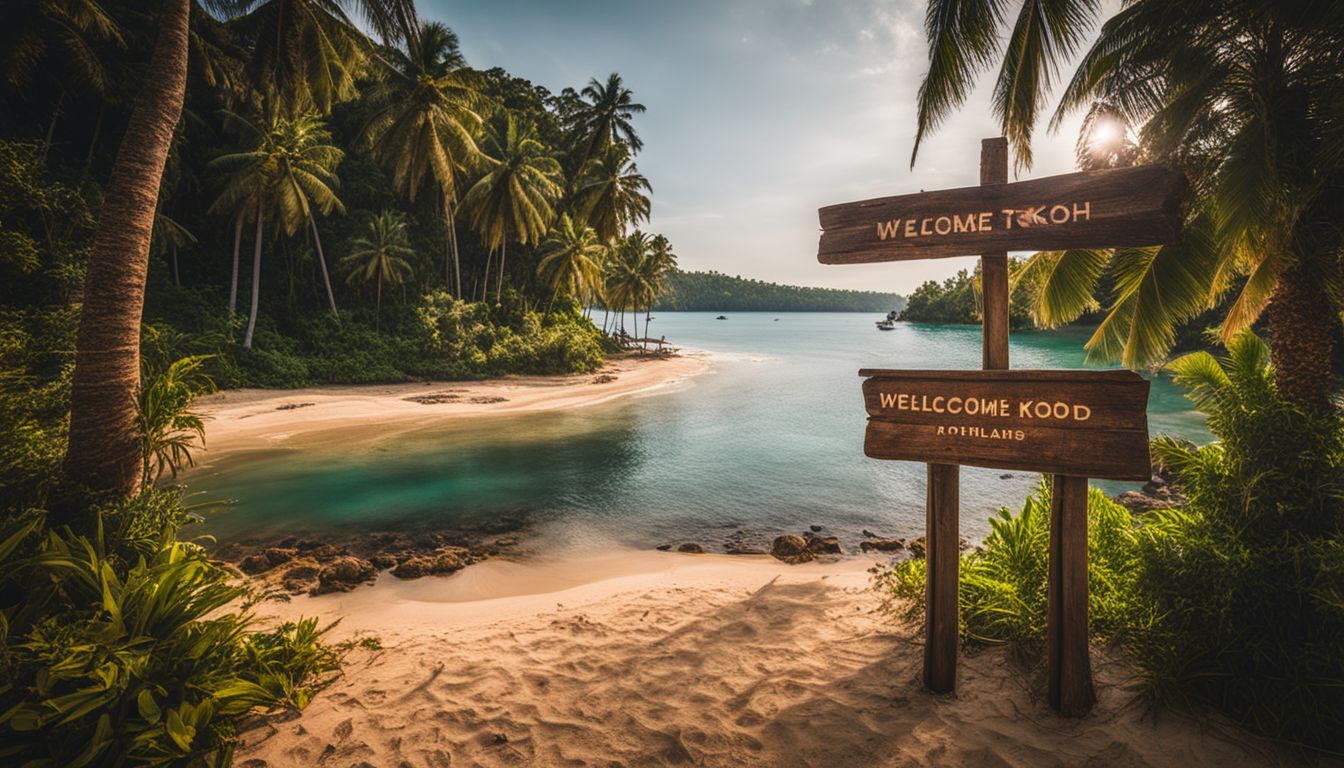 A wooden beach sign welcomes visitors to Koh Kood with a beautiful seascape and diverse group of people.