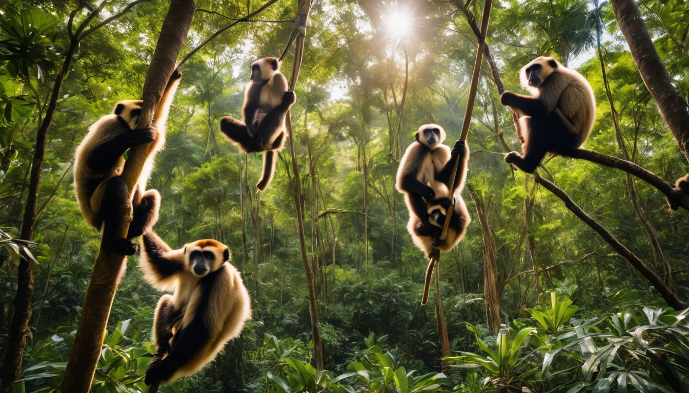 A group of gibbons swinging from tree branches in a lush, tropical forest, captured in vivid detail.