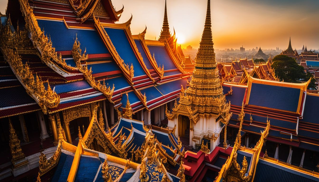 A vibrant photo of the Grand Palace at sunset, showcasing different people and the bustling atmosphere.