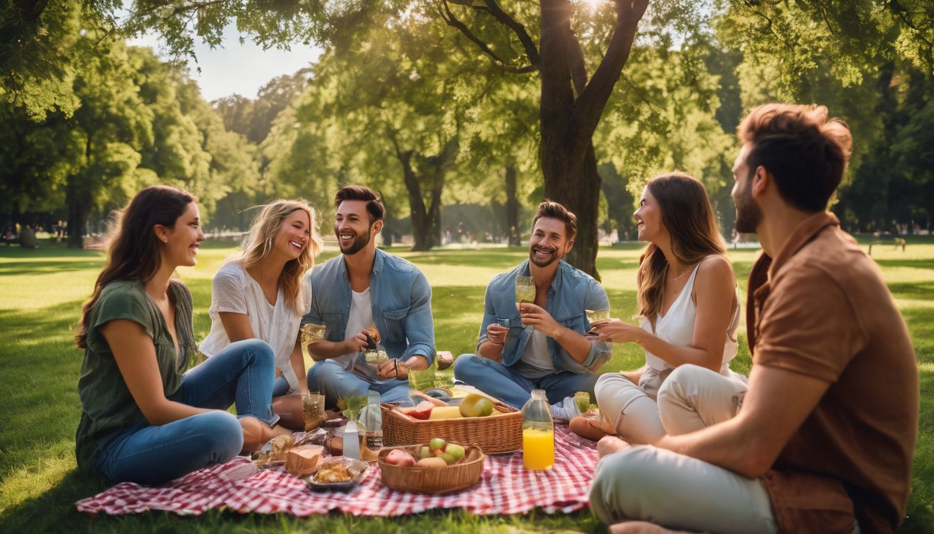 A diverse group of friends enjoying a sunny picnic in a vibrant park surrounded by nature.