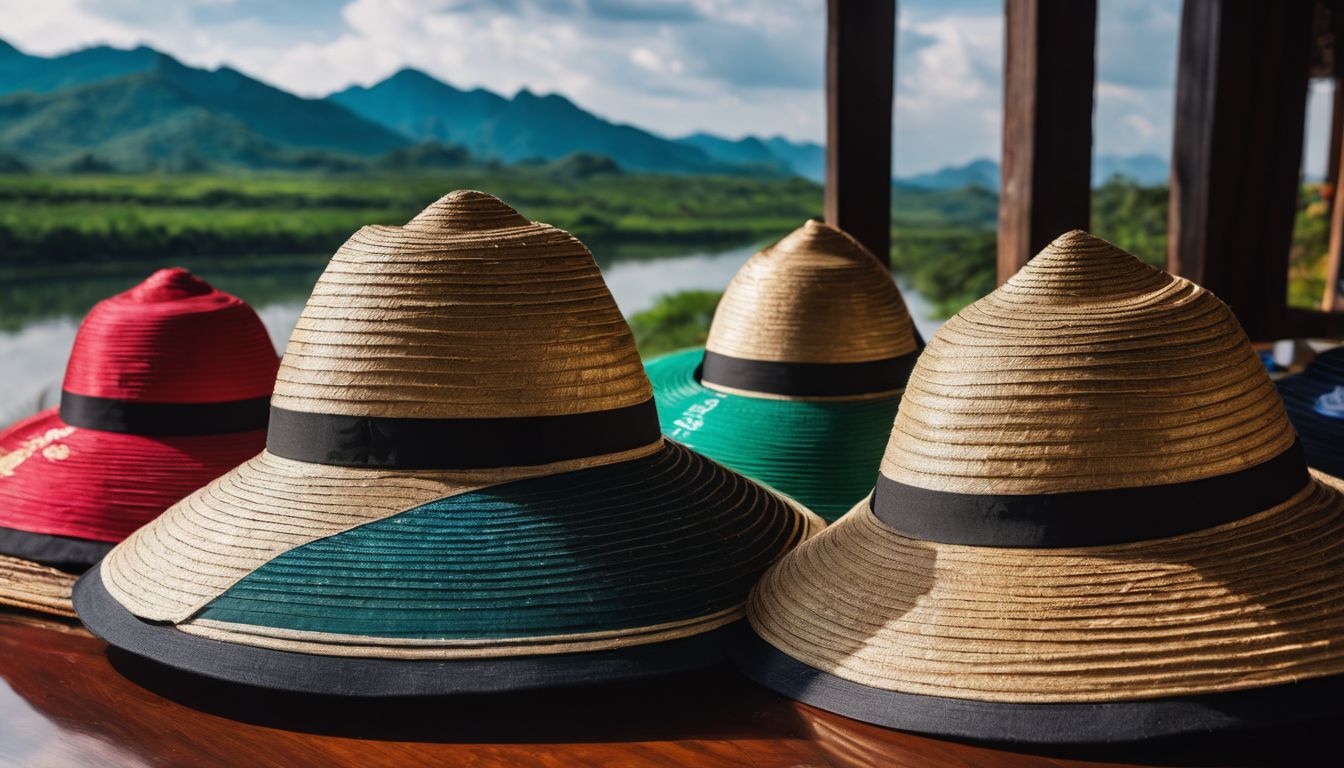A collection of traditional Vietnamese hats displayed on a table surrounded by travel brochures and photography gear.