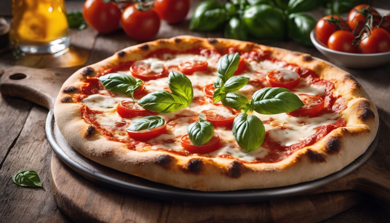 A mouthwatering pizza Margherita is shown in a close-up photograph with a variety of people enjoying it.