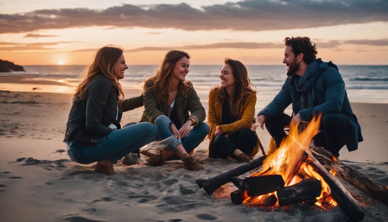 A group of diverse friends enjoying a bonfire on a remote beach.