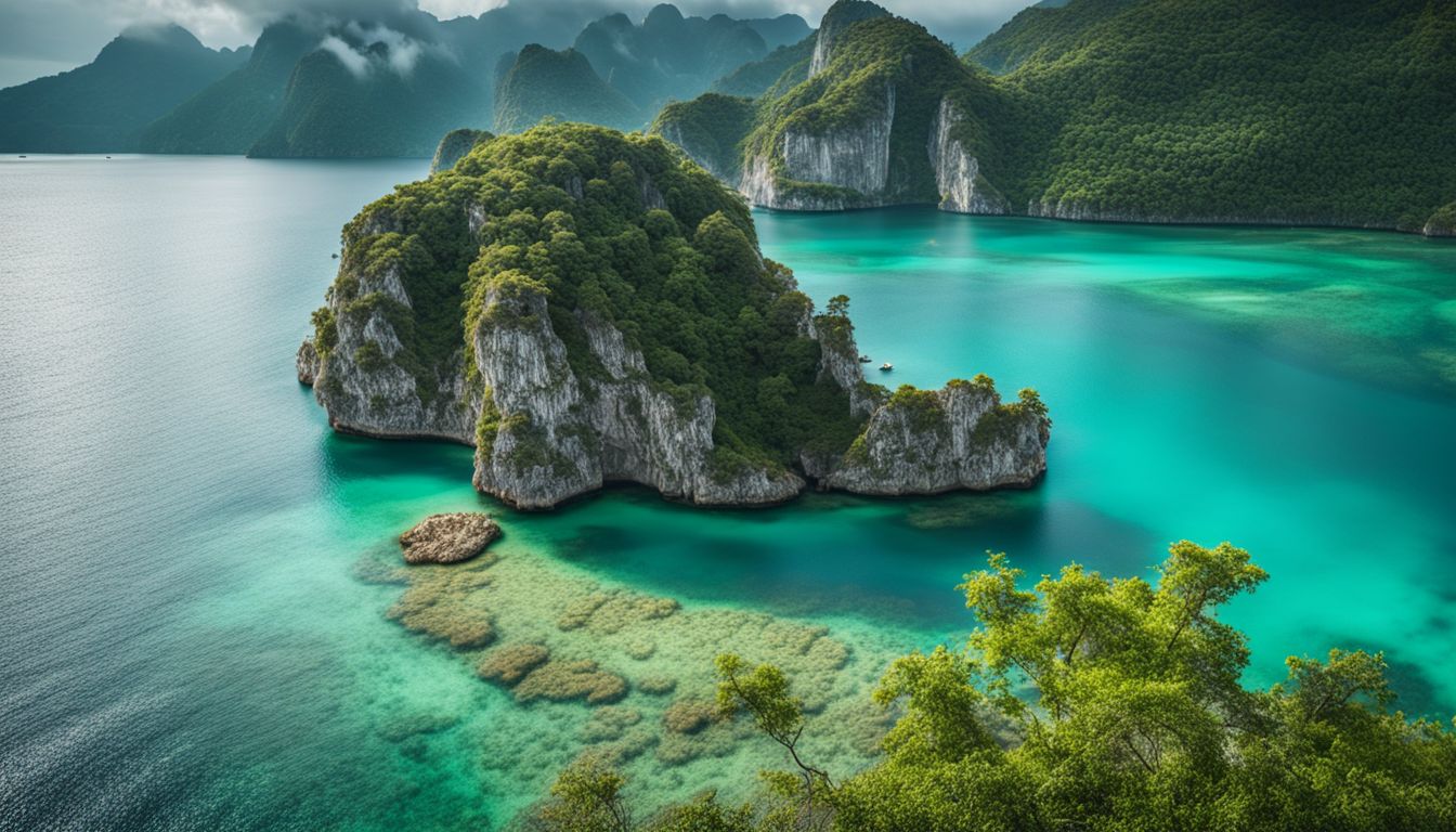 A stunning limestone island surrounded by calm turquoise waters captured in a cinematic photograph.