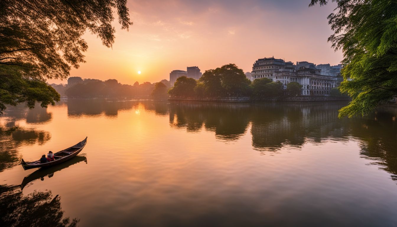 A serene sunset view of Hoan Kiem Lake with a solitary boat and a bustling cityscape in the background.