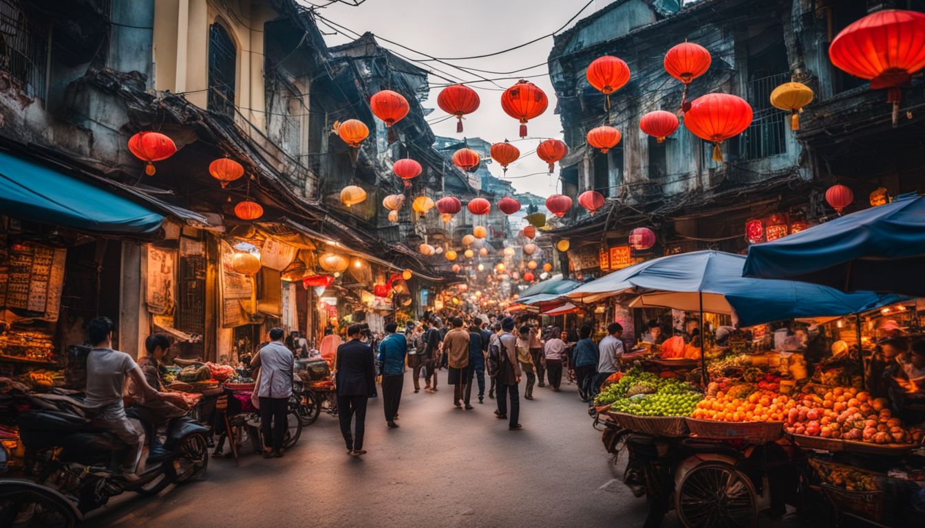 A busy street scene in Hanoi's Old Quarter capturing the vibrant energy and diverse faces of the city.