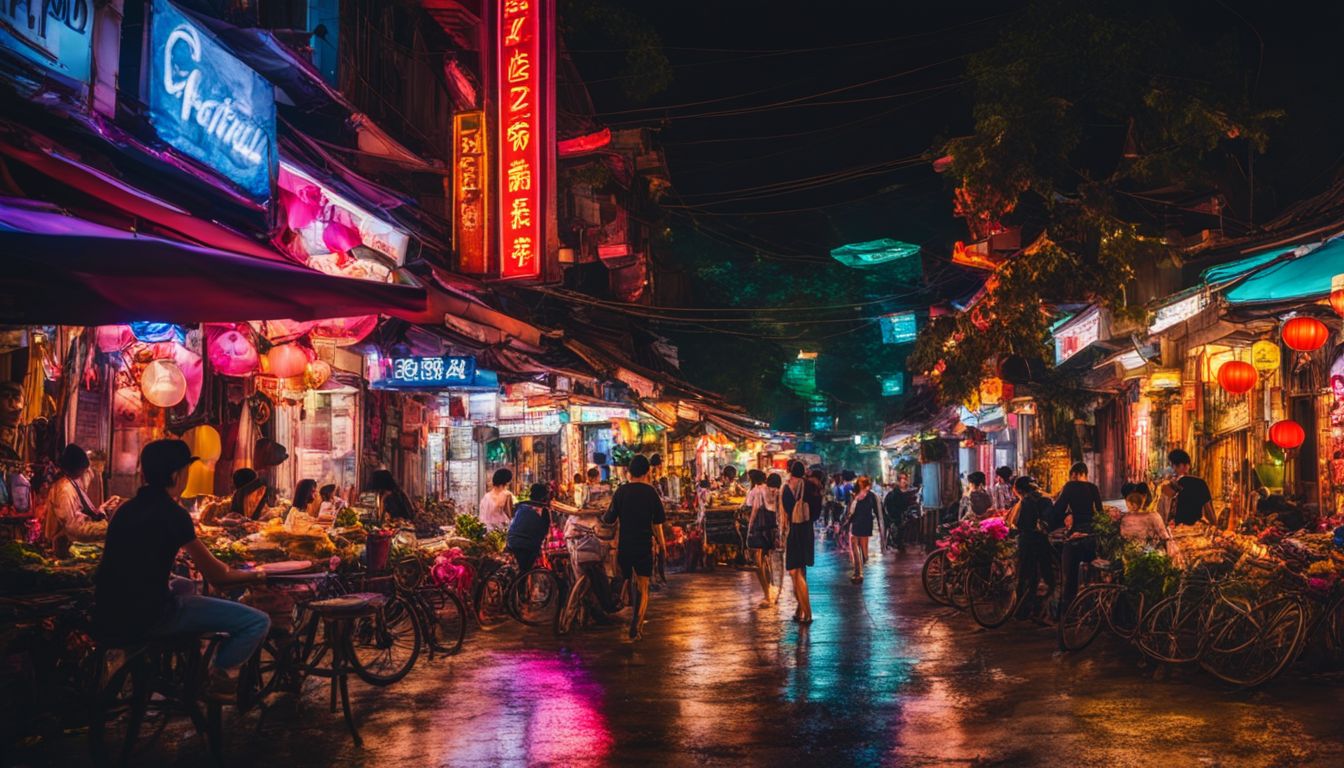 A vibrant nighttime cityscape of Hanoi with a diverse range of people and bustling atmosphere.