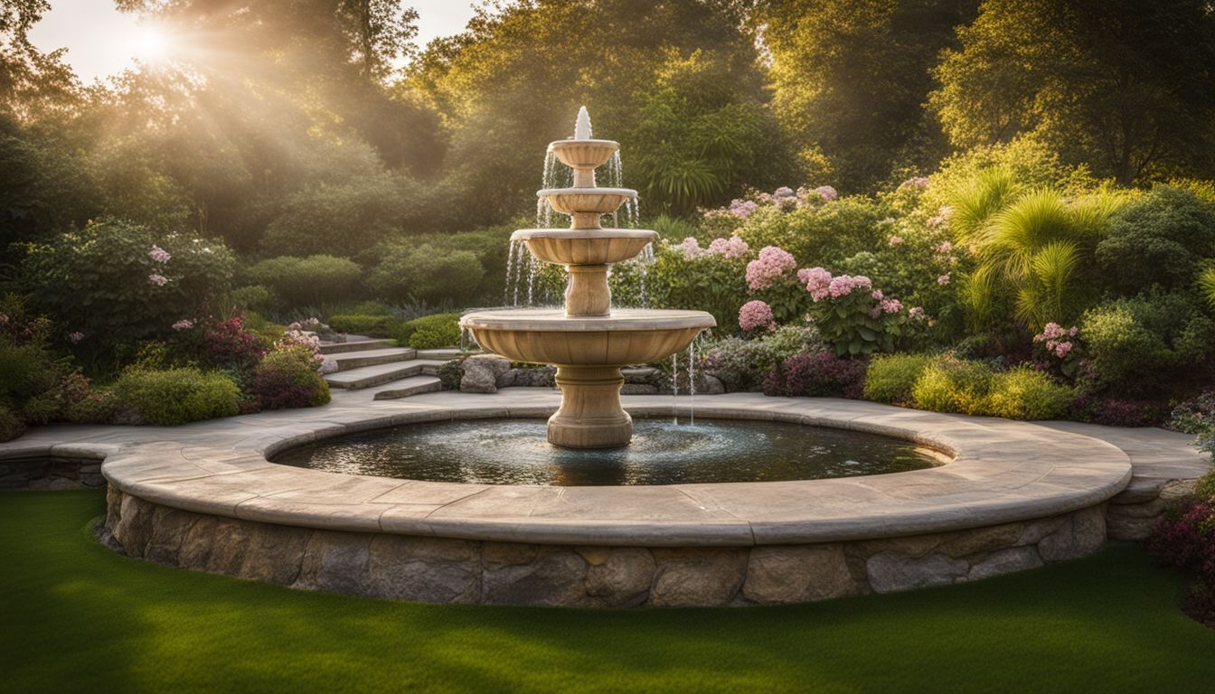 A photo of a serene spa garden with blooming flowers and a tranquil fountain, featuring different people in various outfits.