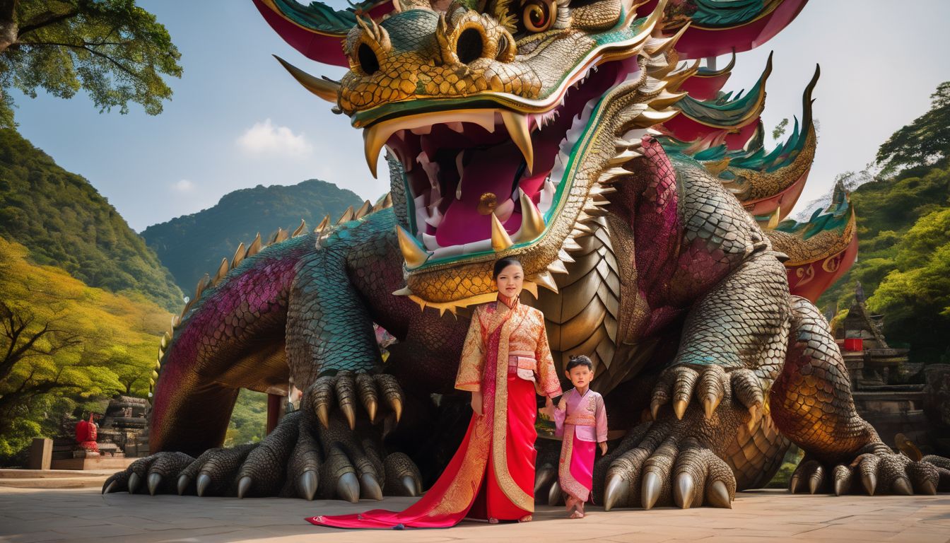 A family dressed in traditional Thai clothing poses in front of a colorful dragon statue.