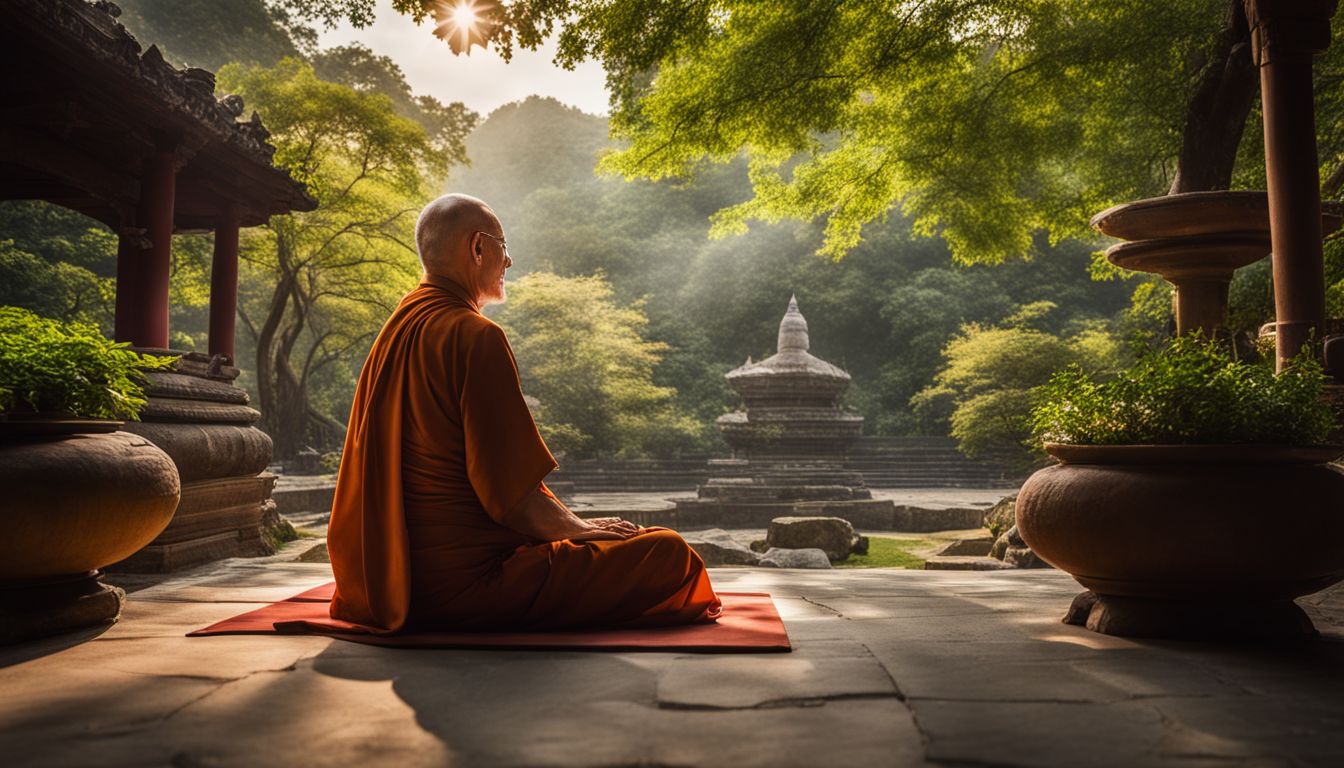 An elderly monk meditates in a serene temple garden, surrounded by different people in various outfits.