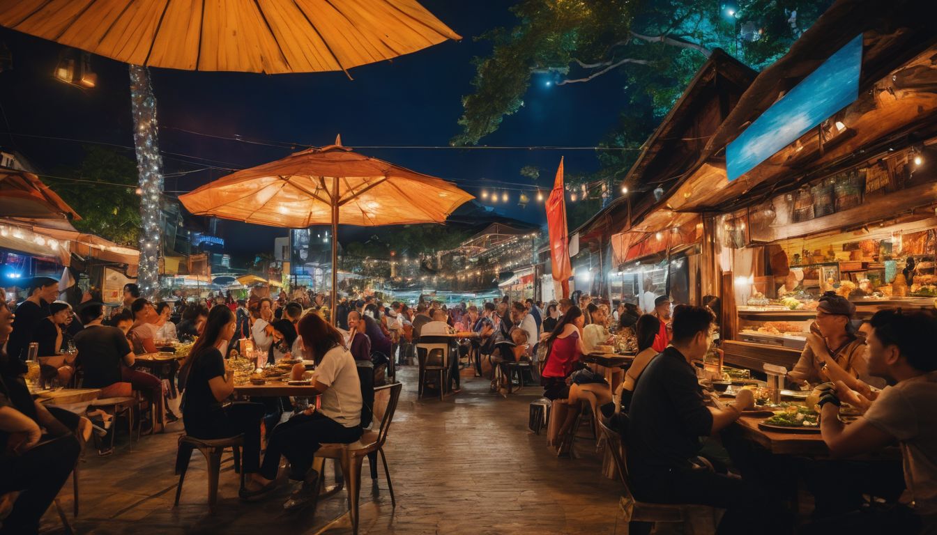 People enjoying Thai food, live music, and vibrant artwork in a bustling atmosphere at a restaurant.