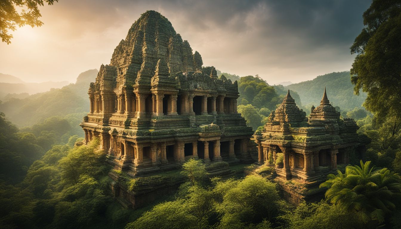 A photo of an ancient temple with intricate carvings surrounded by vibrant greenery and a lively atmosphere.