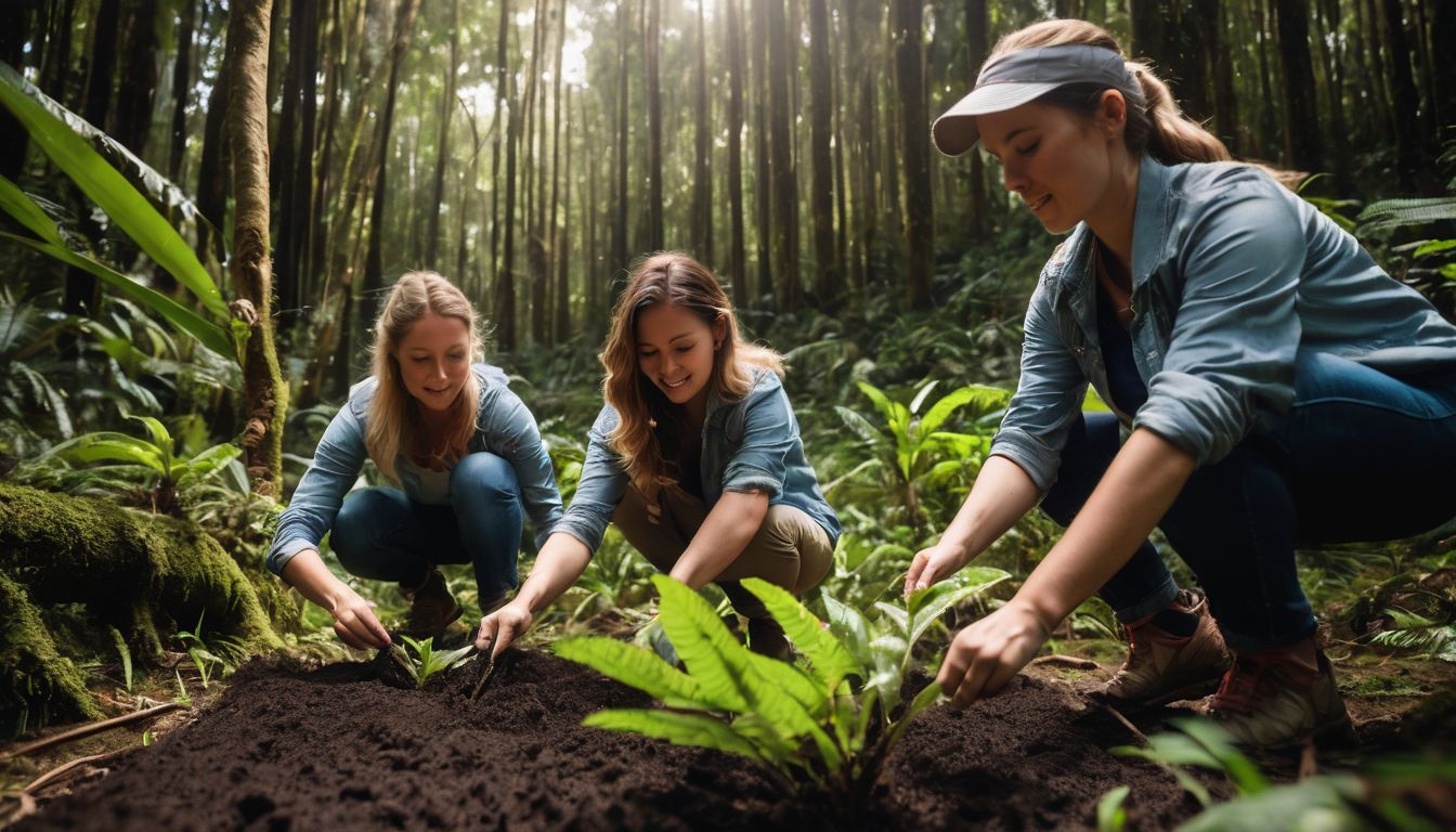 A group of diverse volunteers enthusiastically plant trees in the rainforest to support conservation efforts.