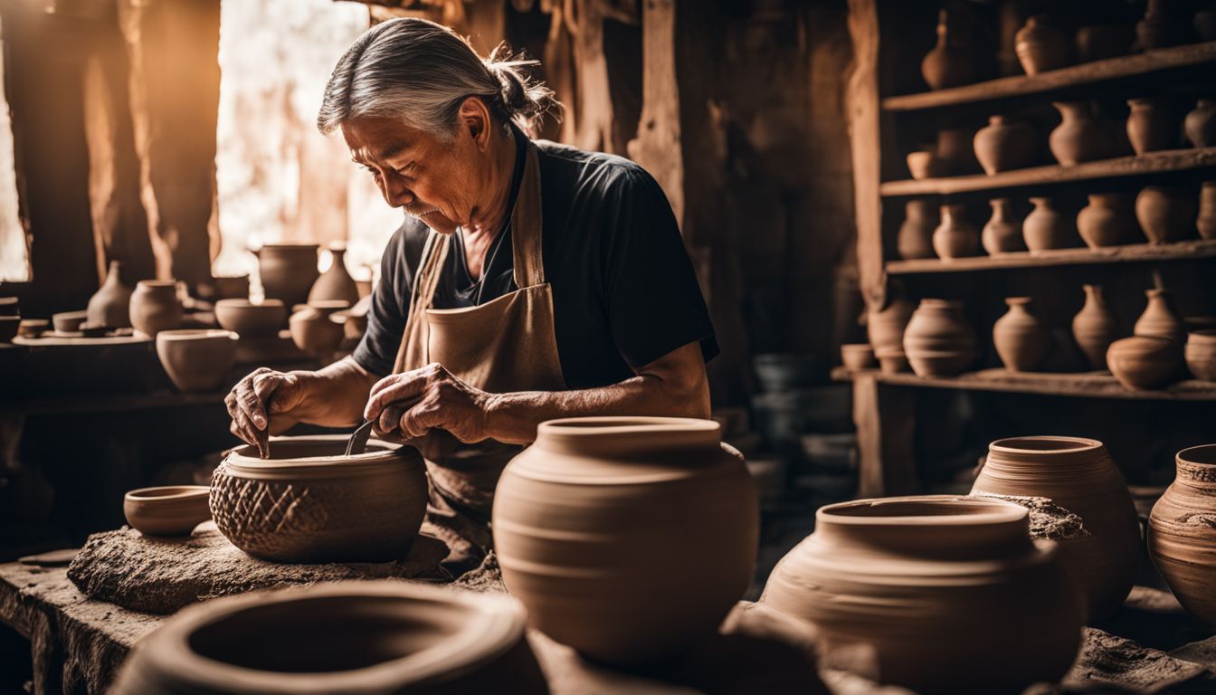 An artisan sculpting a traditional Thai pottery vase surrounded by ancient pottery fragments in a bustling atmosphere.