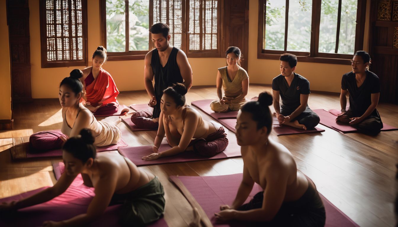 A group of diverse students in a Thai massage classroom learning and practicing various healing techniques.