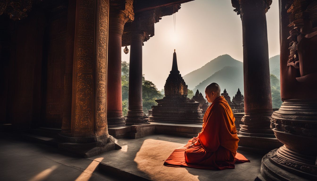 A Buddhist monk in traditional robes praying in front of an ancient temple.