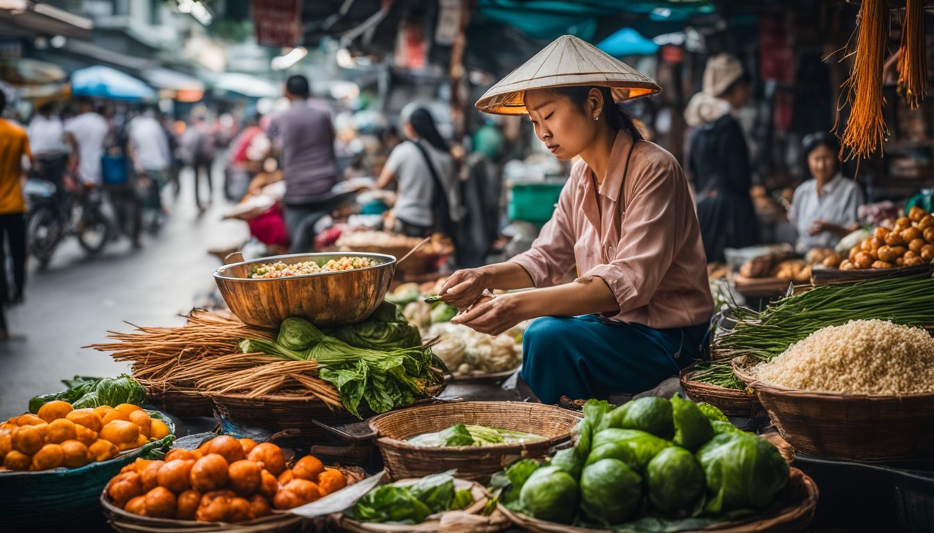 A street vendor selling traditional Vietnamese food in a bustling market, photographed with a wide-angle lens for a clear, vibrant image.