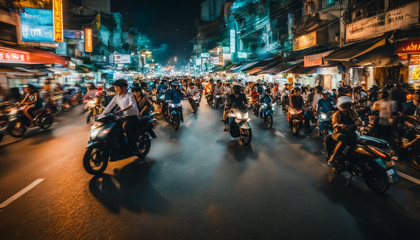 A photo of motorcycle traffic in the bustling streets of Ho Chi Minh City at night.