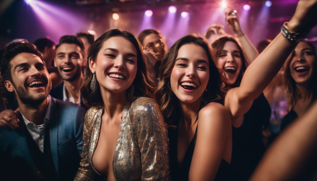 A group of friends enjoy a lively night out at a crowded nightclub, captured in detailed and vibrant photographs.