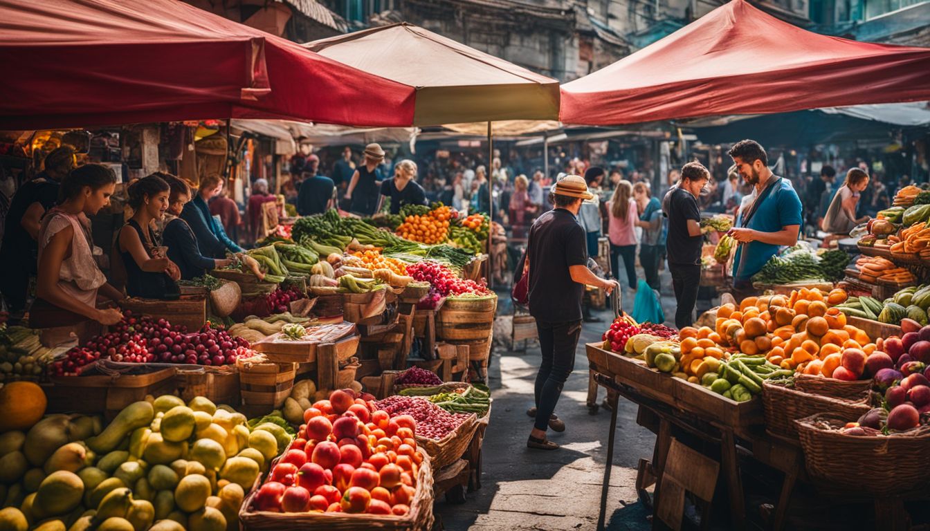 A vibrant street market with a variety of fruits and vegetables, bustling with people from different backgrounds and outfits.