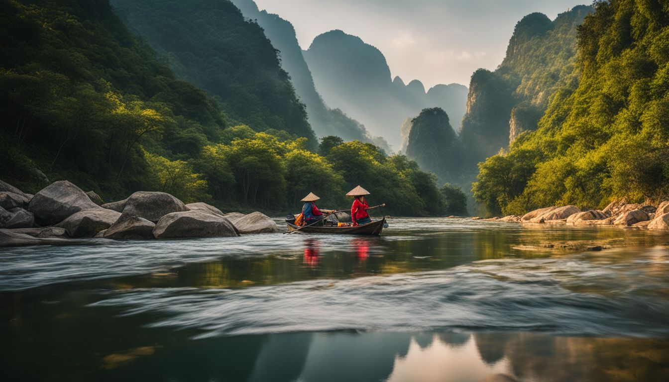 A picturesque photo of Truong An karst mountains reflected in a peaceful river with a bustling atmosphere.