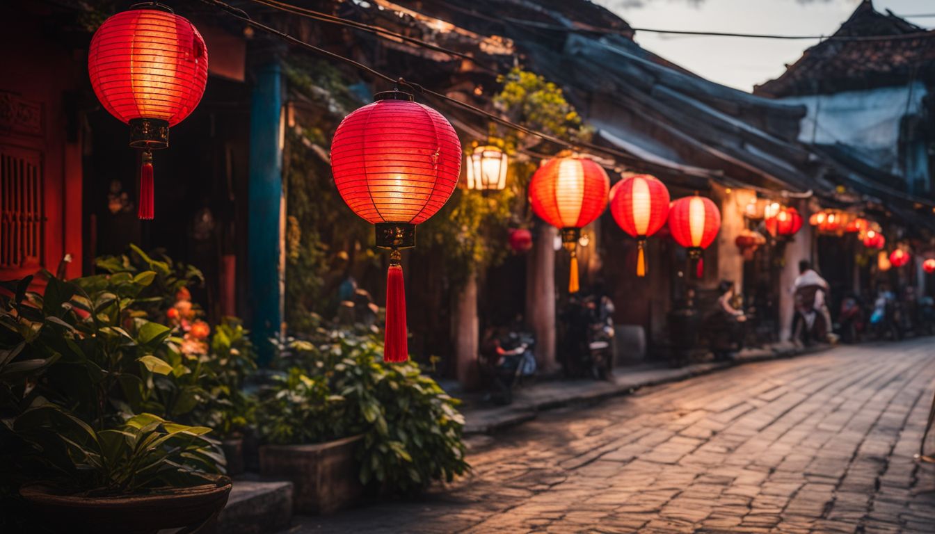 A photo of a traditional Vietnamese lantern in the charming streets of Hoi An, capturing the bustling atmosphere and unique cityscape.