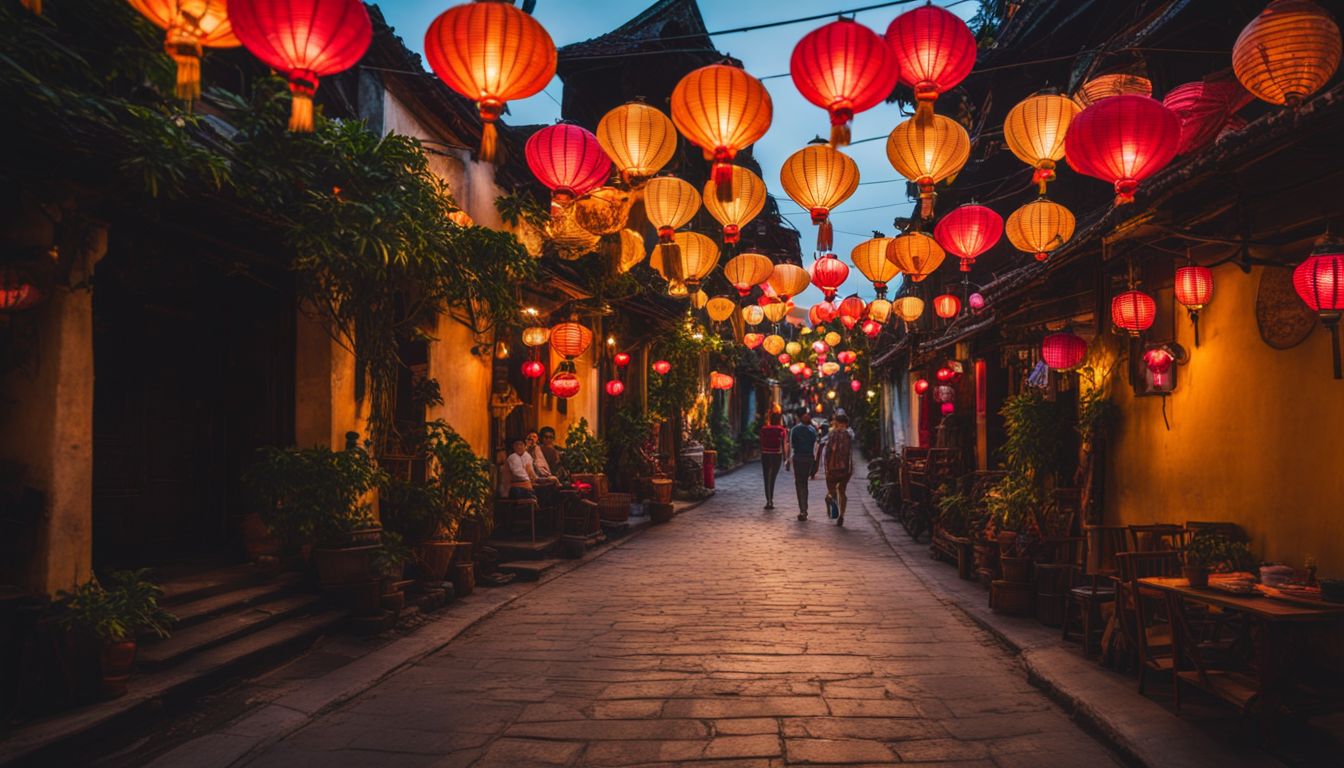 The photo captures the vibrant lantern-lit streets of Hoi An, with a bustling atmosphere and diverse faces.