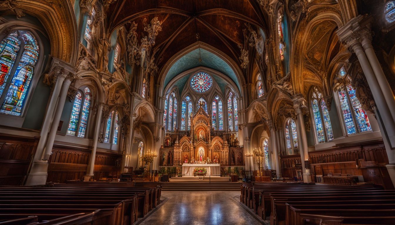 The photo showcases the ornate interior of Holy Redeemer Church with stained glass windows and religious artwork.