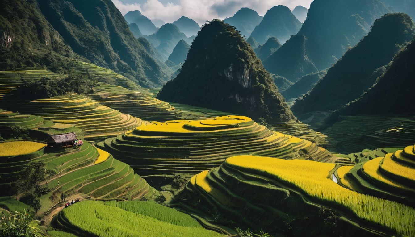 A diverse group of travelers explores Vietnam's stunning landscapes and cultural experiences in a well-lit and bustling atmosphere.