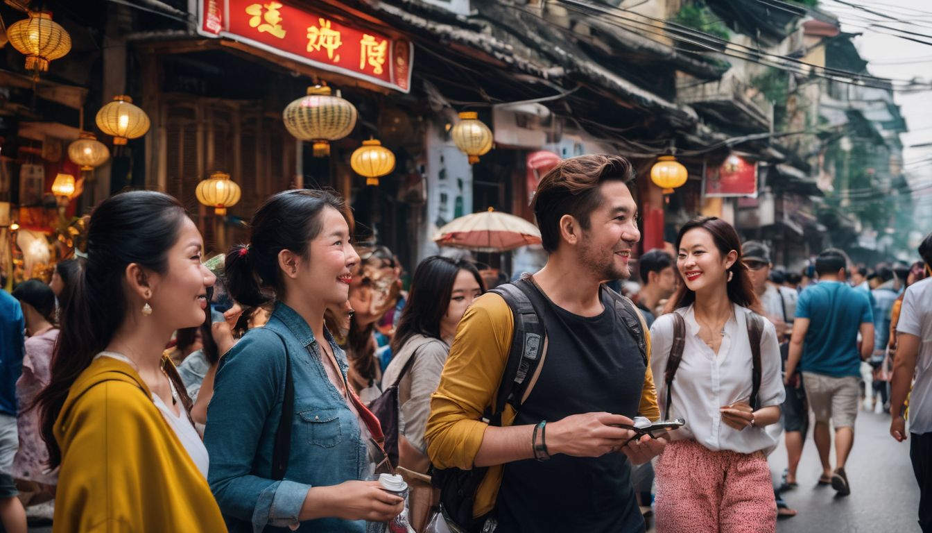 A diverse group of tourists exploring the busy streets of Hanoi with colorful buildings and vibrant atmosphere.