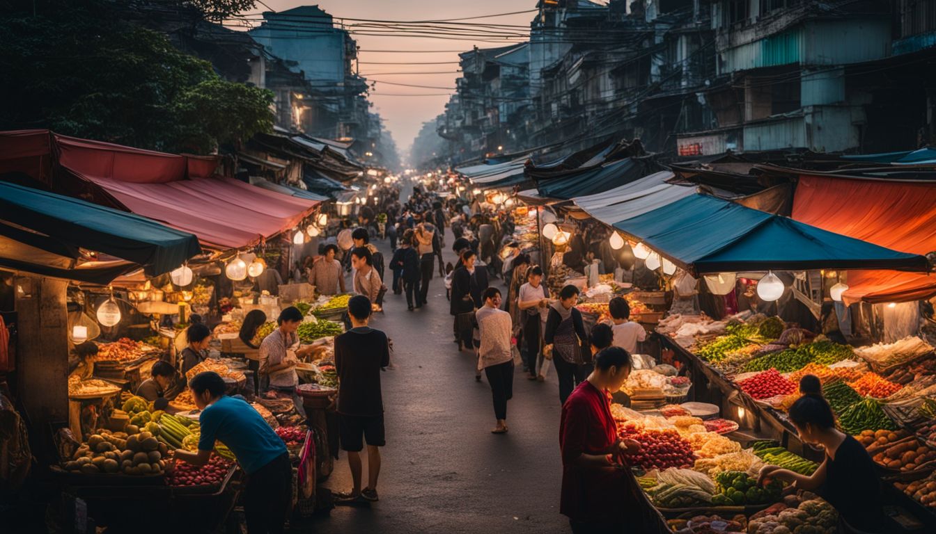A lively street market in Hanoi with diverse people and bustling activity.