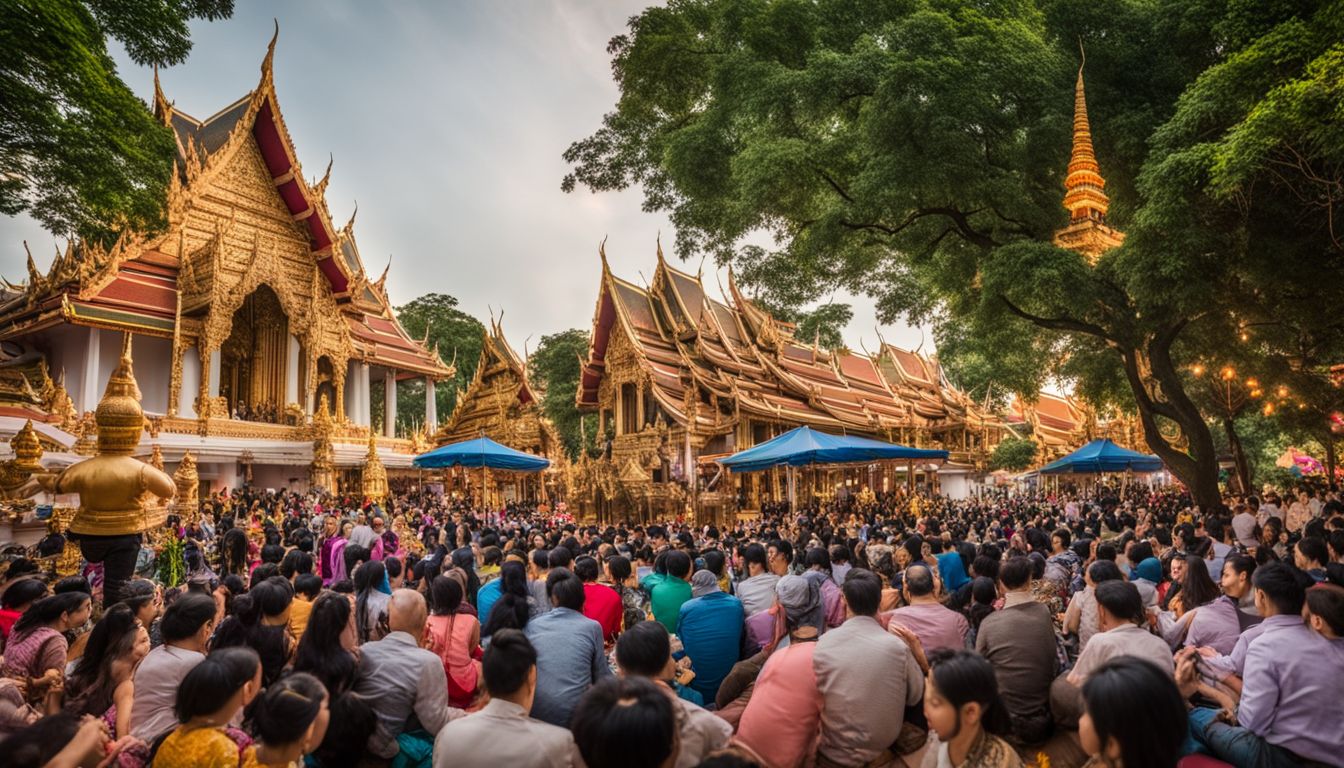 Diverse attendees enjoy traditional Thai performances in a bustling cityscape with vibrant energy and cultural immersion.