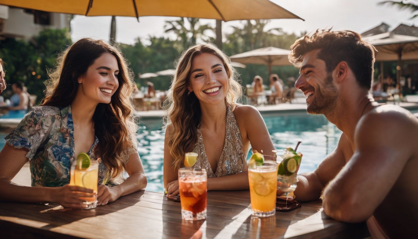 A group of friends enjoy a poolside bar at a resort, capturing the bustling atmosphere with crisp and vibrant photography.