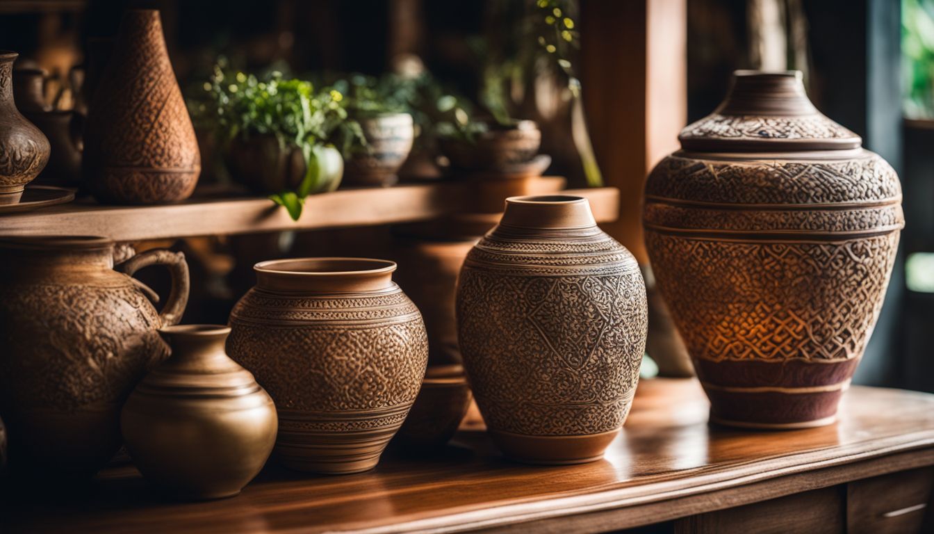 A photograph of a beautifully crafted Thai pottery vase showcased among other pottery pieces on a wooden shelf.