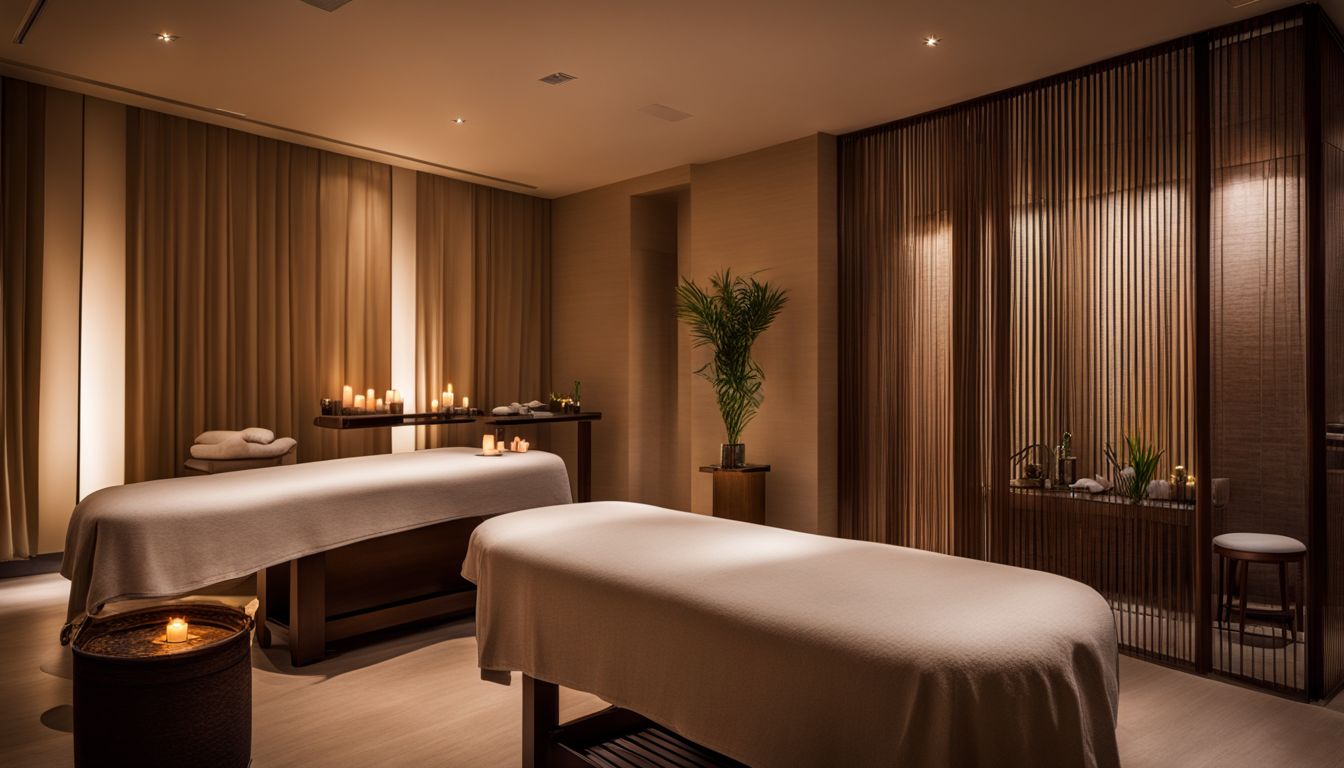 The image shows a serene spa room with a massage table and relaxing decor.