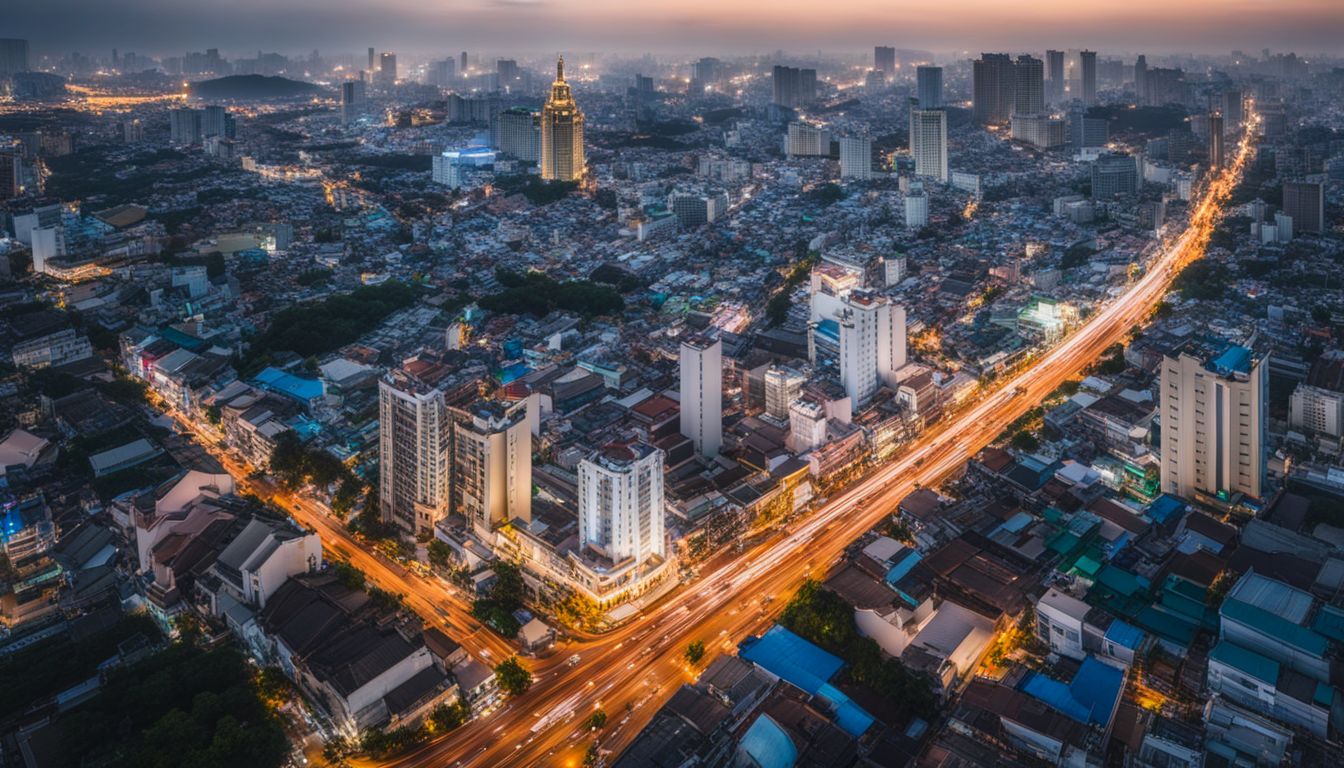 A panoramic view of a bustling cityscape in Ho Chi Minh City, captured with a wide-angle lens.