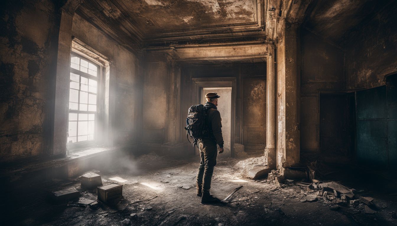An explorer stands in front of a hidden vault entrance in an abandoned building during urban exploration.