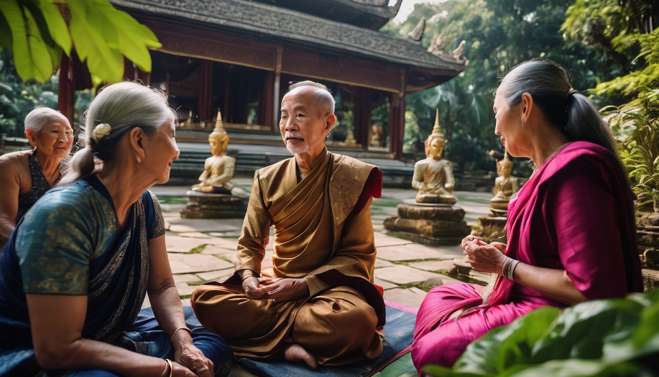 A group of seniors exploring a peaceful Thai temple garden in a variety of outfits and hairstyles.