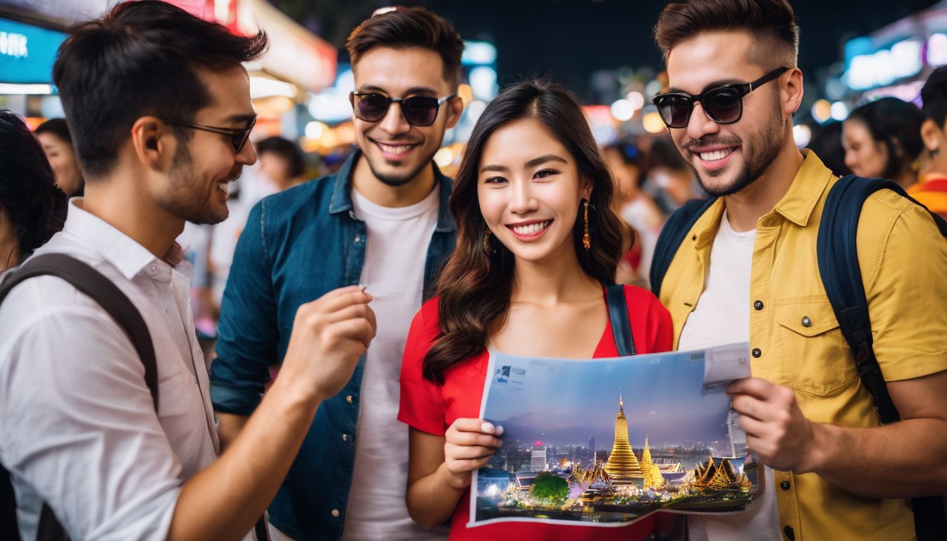 A diverse group of tourists in Bangkok hold a map with icons for attractions, accommodations, and transportation.