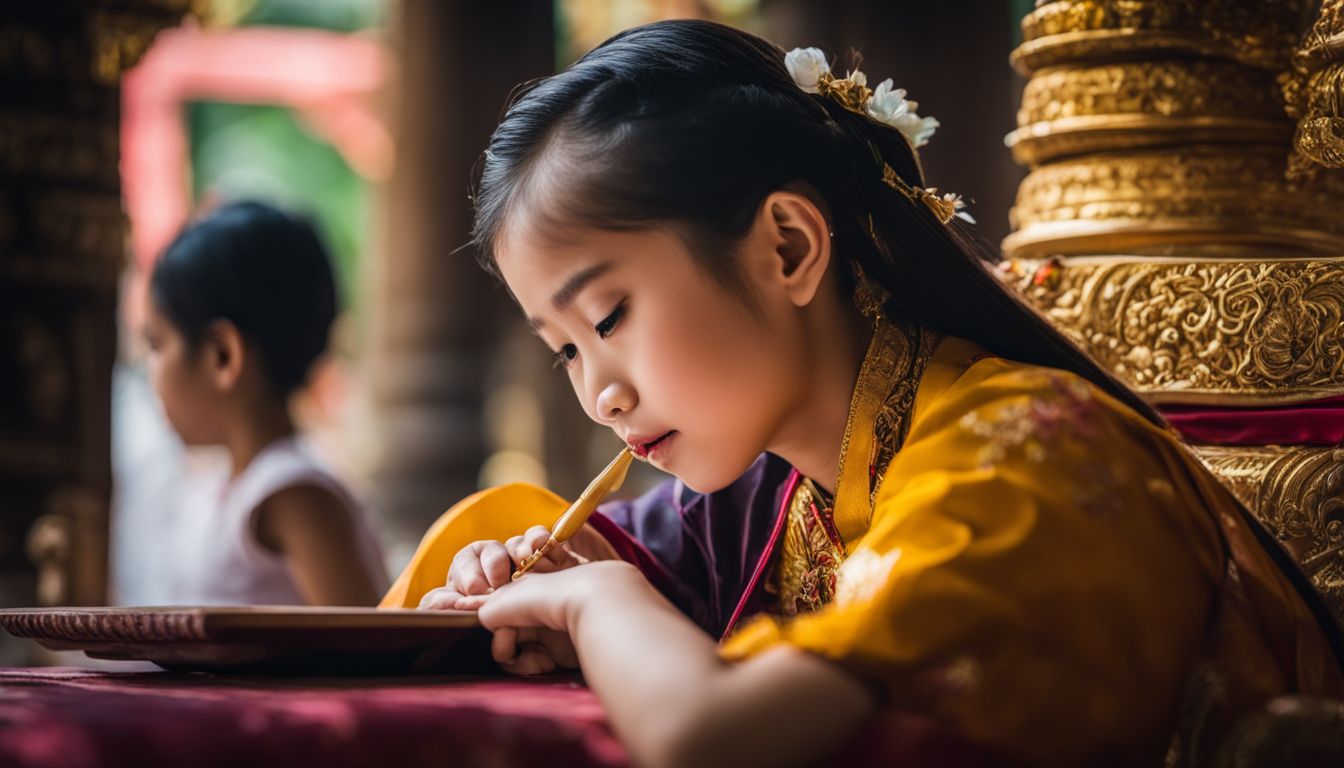 A young girl in traditional dress listens to a storyteller in a temple, captured in a vibrant and bustling atmosphere.