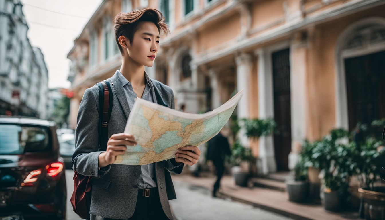 A traveler stands outside a Vietnamese embassy holding a map and passport, ready for an adventure.