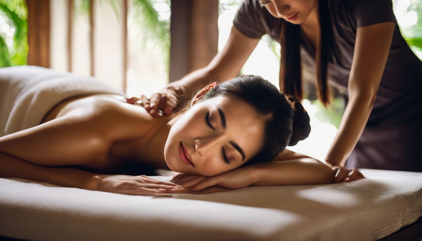 A woman enjoying a Thai massage in a serene spa setting with various poses and expressions.