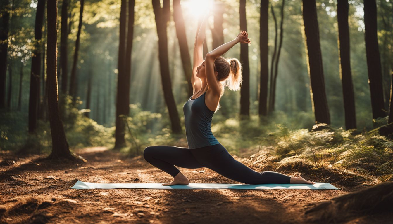 A woman practicing yoga in a serene forest setting, captured in high-quality detail.