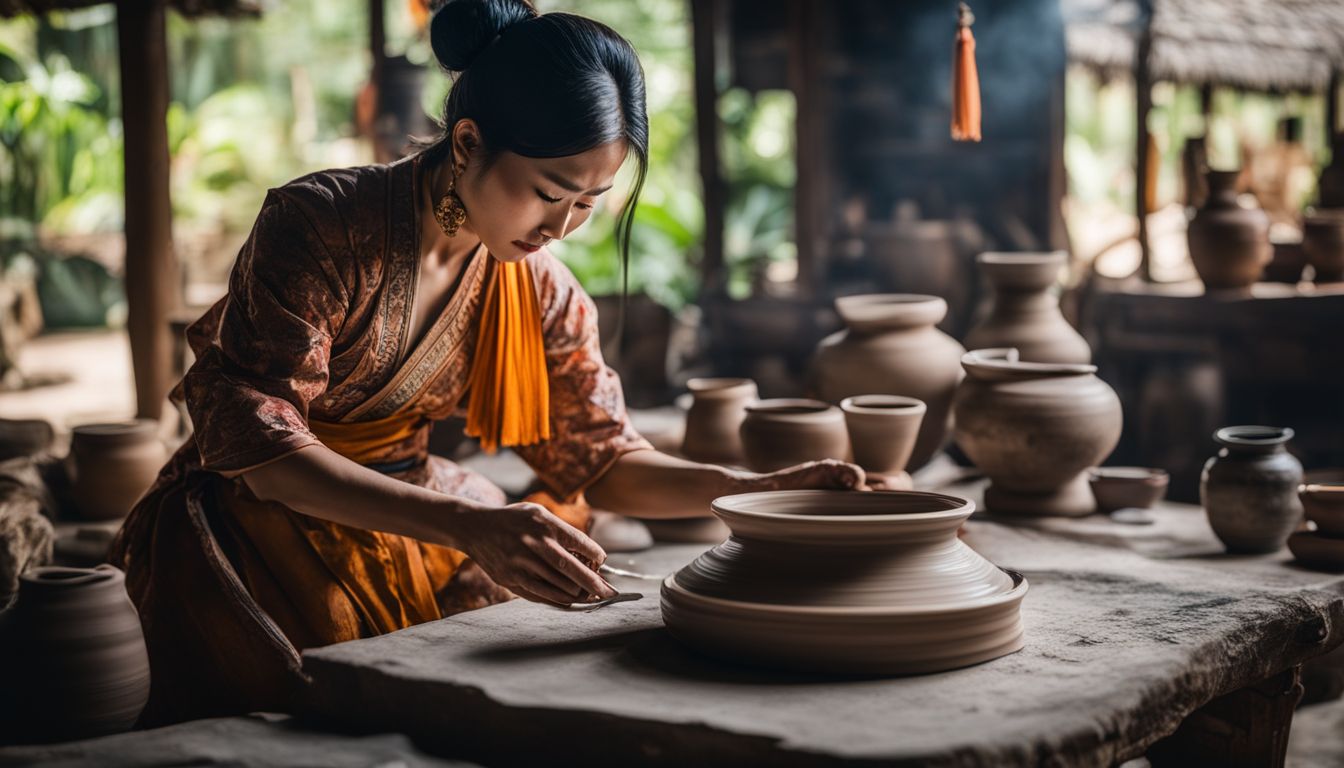 A ceramic artist in traditional Thai clothing creates a pottery piece inspired by Ming Dynasty styles.