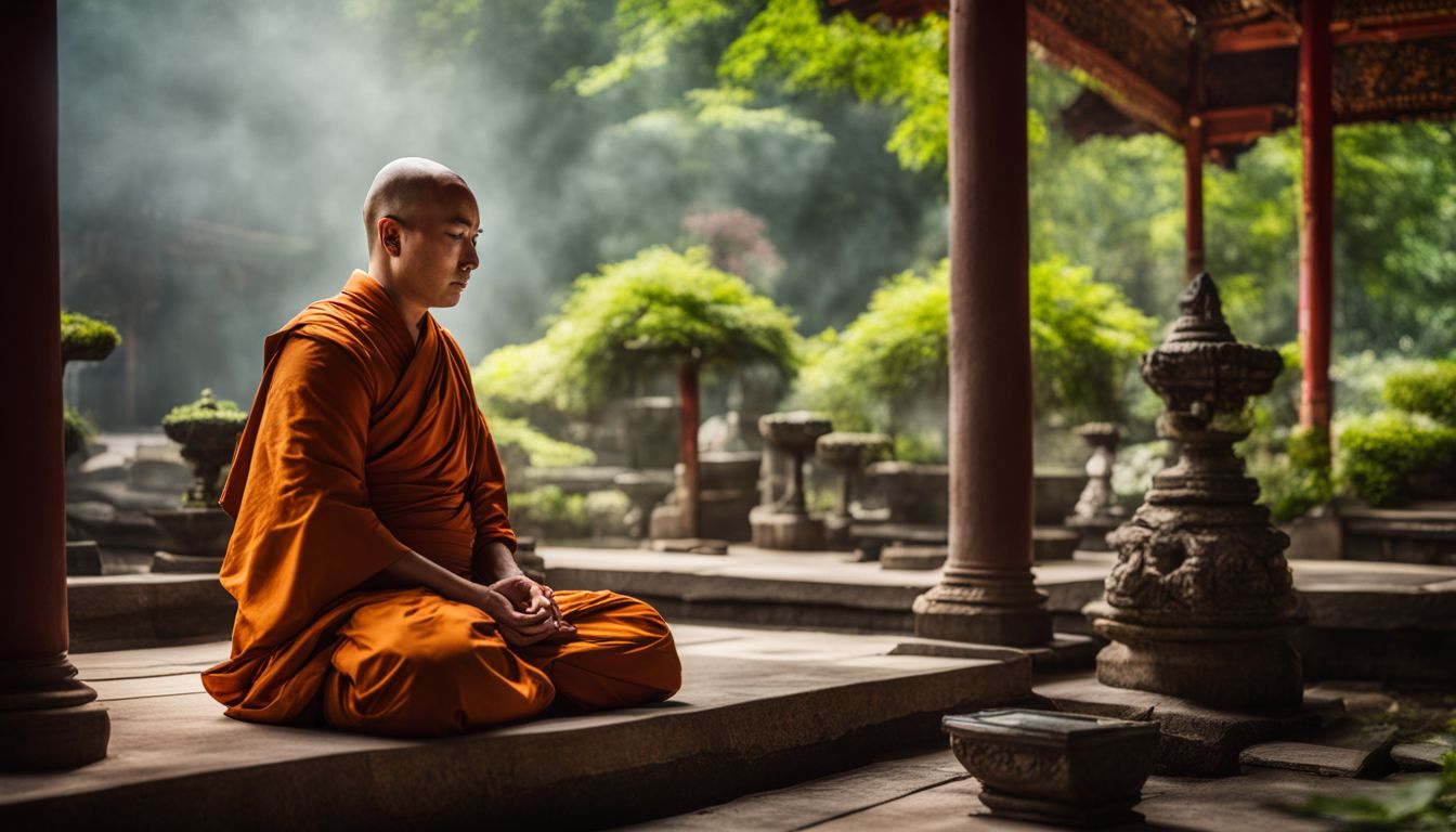 A Buddhist monk meditating in a peaceful temple garden surrounded by nature.
