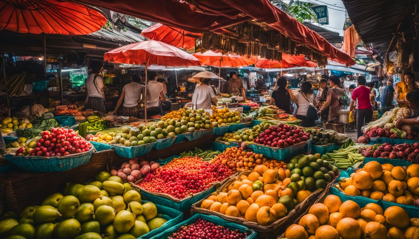 A vibrant Thai market filled with exotic produce and a bustling atmosphere, captured in crisp detail.