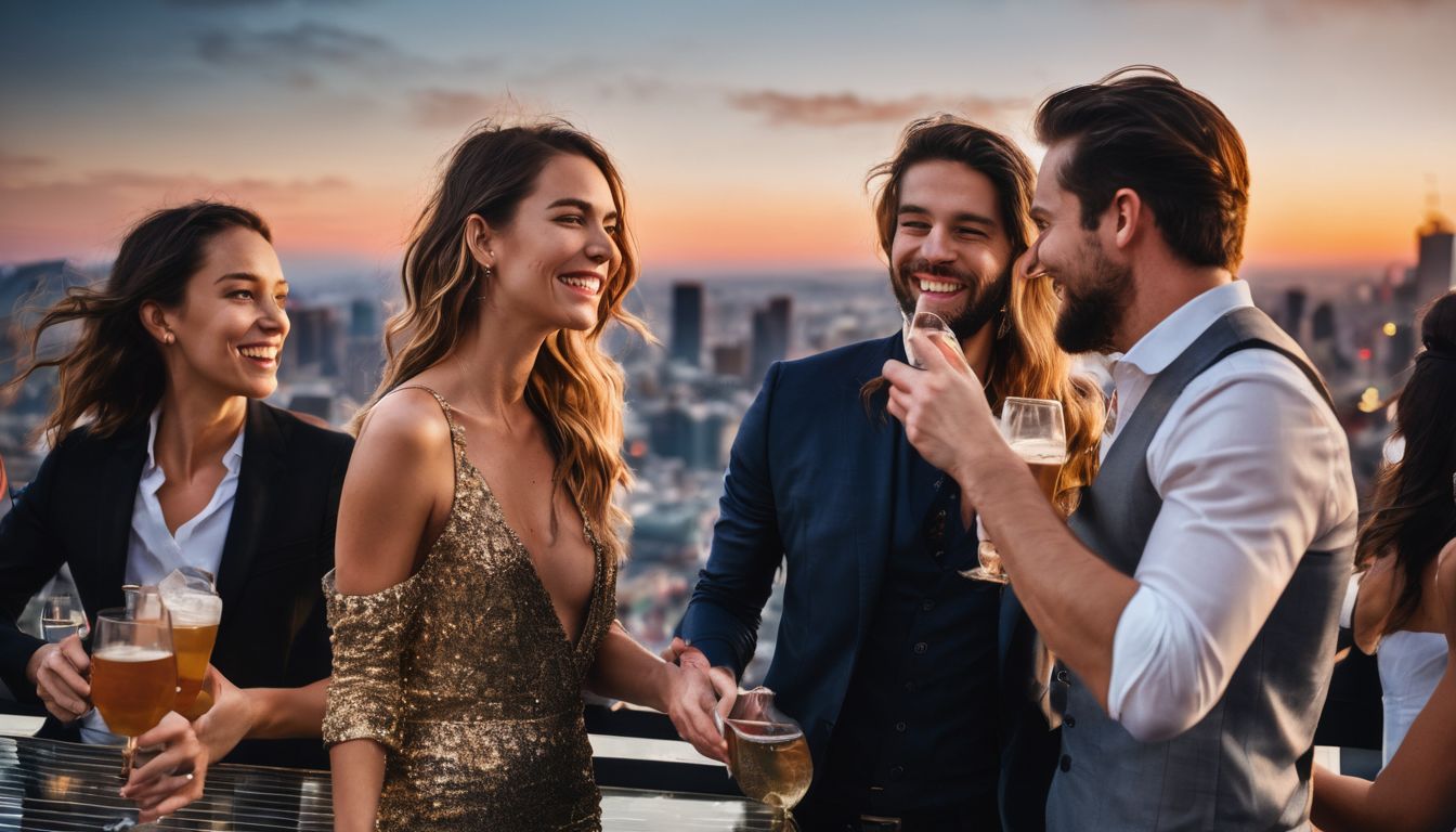 A group of friends enjoy drinks and dancing at a lively rooftop bar.