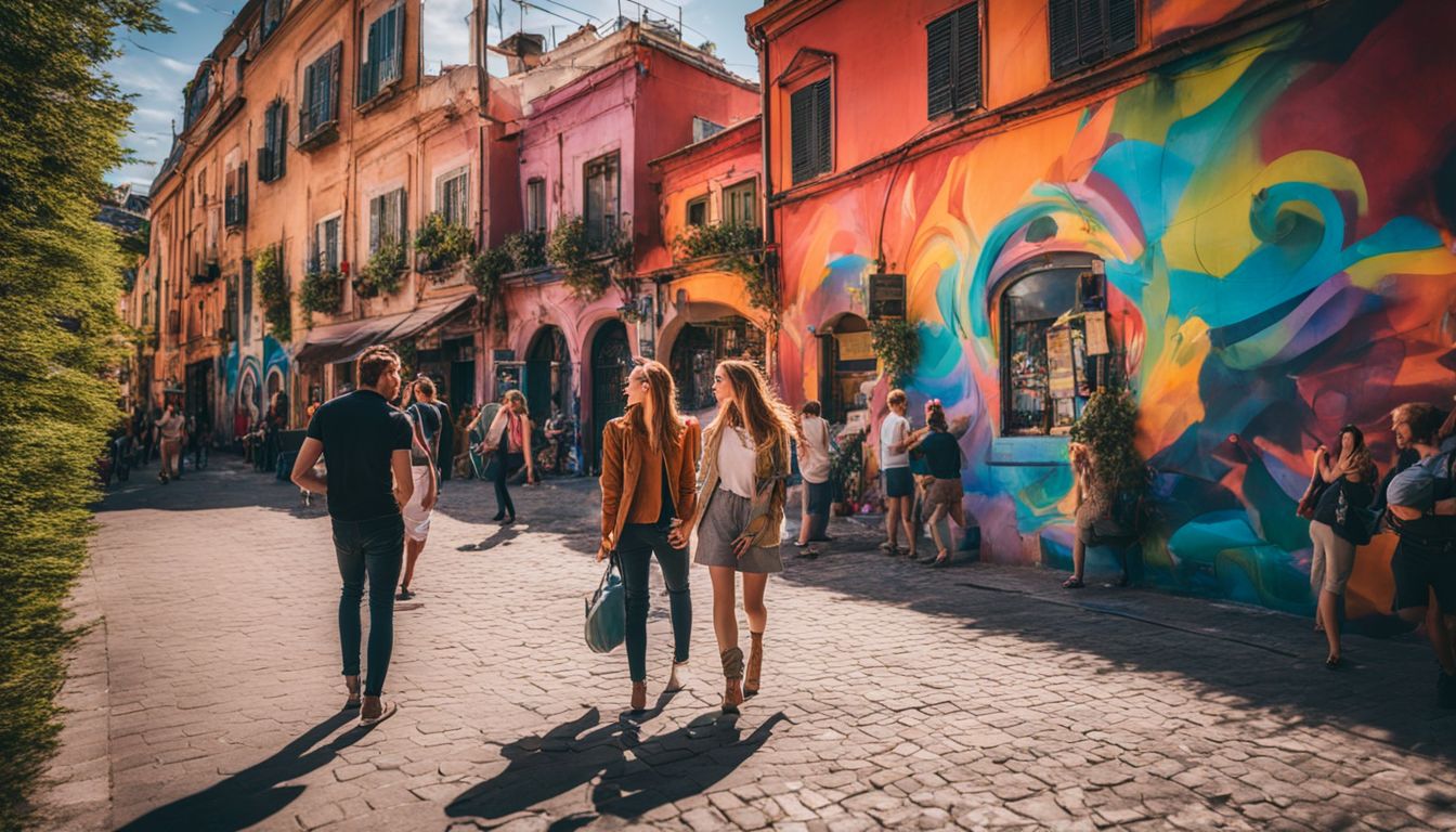 Visitors explore colorful street art in Old Town, enjoying the vibrant atmosphere and diverse artwork.