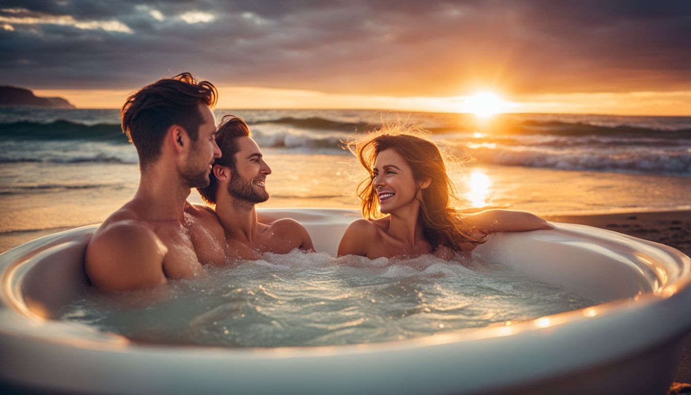 A couple enjoy a romantic bubble bath overlooking a sunset beach in a luxurious bathtub.