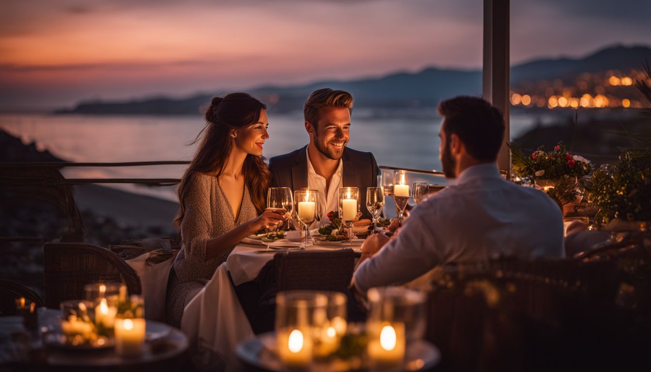 A couple enjoying a romantic candlelit dinner on a private outdoor terrace overlooking the beach.